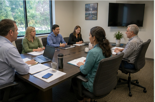 Healthcare revenue cycle team reviewing claims and financial performance