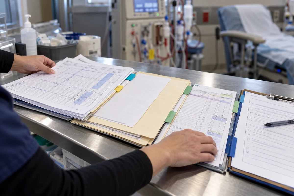 Dialysis treatment records organized for nephrology billing reconciliation