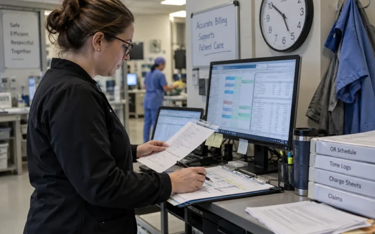 Anesthesia billing coordinator reviewing de-identified case records