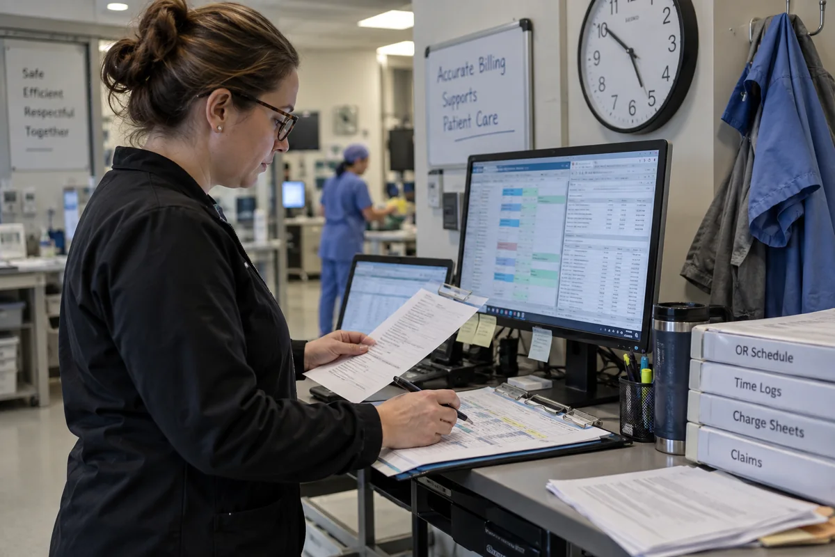 Anesthesia billing coordinator reviewing de-identified case records