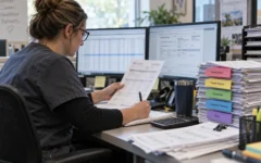 Medical billing auditor reviewing de-identified credit balance records