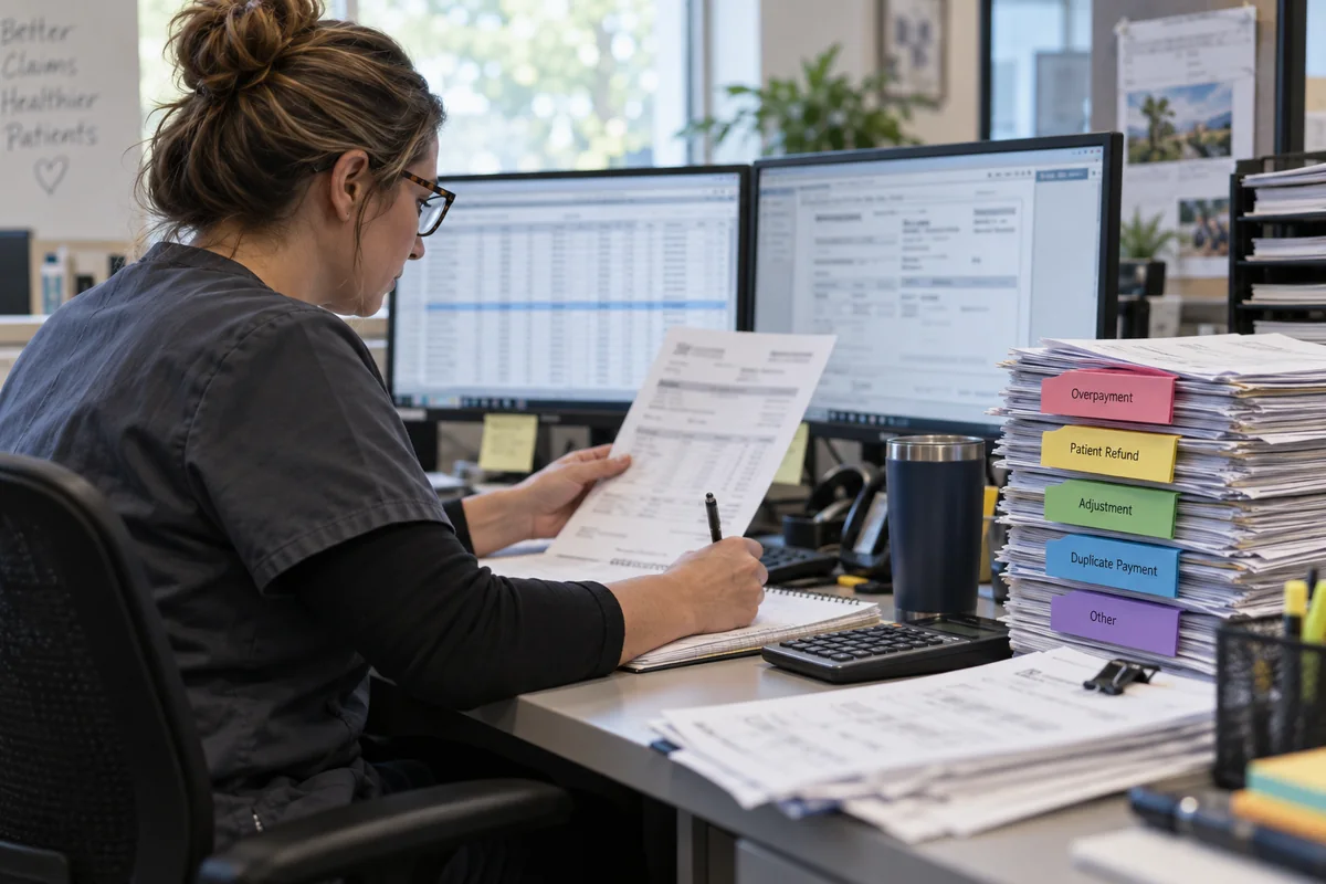 Medical billing auditor reviewing de-identified credit balance records