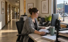 Rural clinic manager reviewing billing work in a small practice office