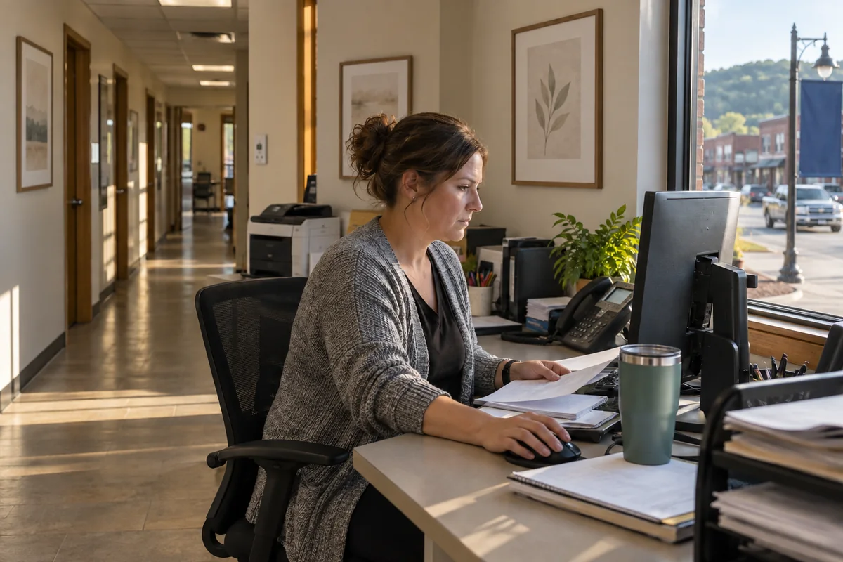 Rural clinic manager reviewing billing work in a small practice office