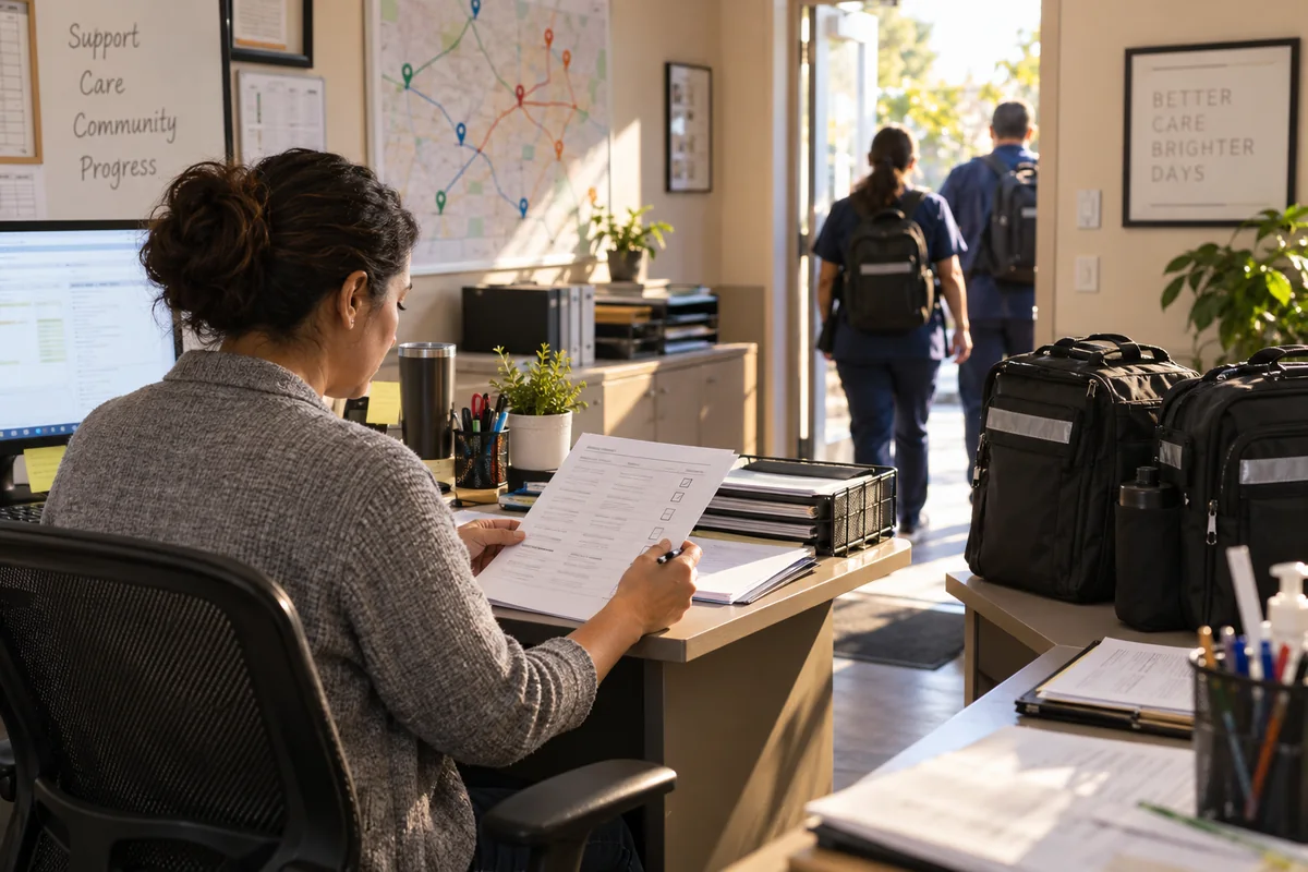 Home health operations coordinator checking visit documentation before billing