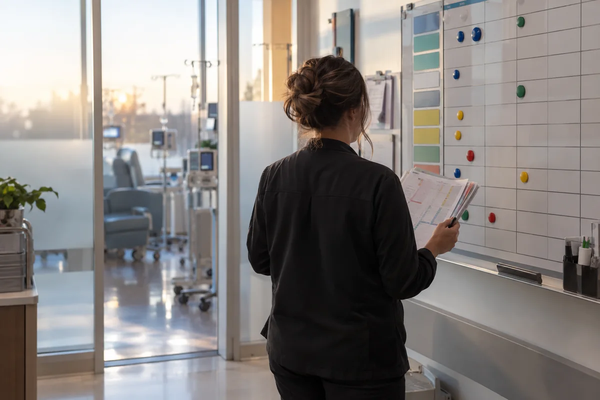 Oncology billing specialist reconciling treatment records and charges