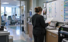 Nephrology billing coordinator reconciling treatment records and charges