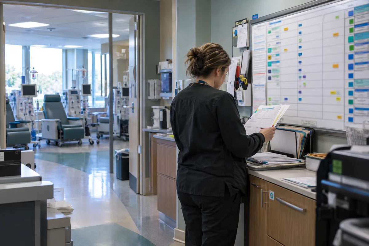 Nephrology billing coordinator reconciling treatment records and charges