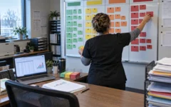 Practice manager reviewing a claims aging report with billing notes