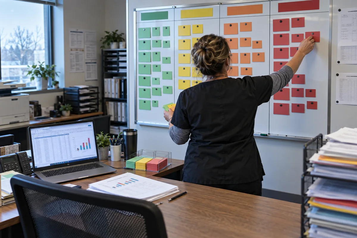 Practice manager reviewing a claims aging report with billing notes