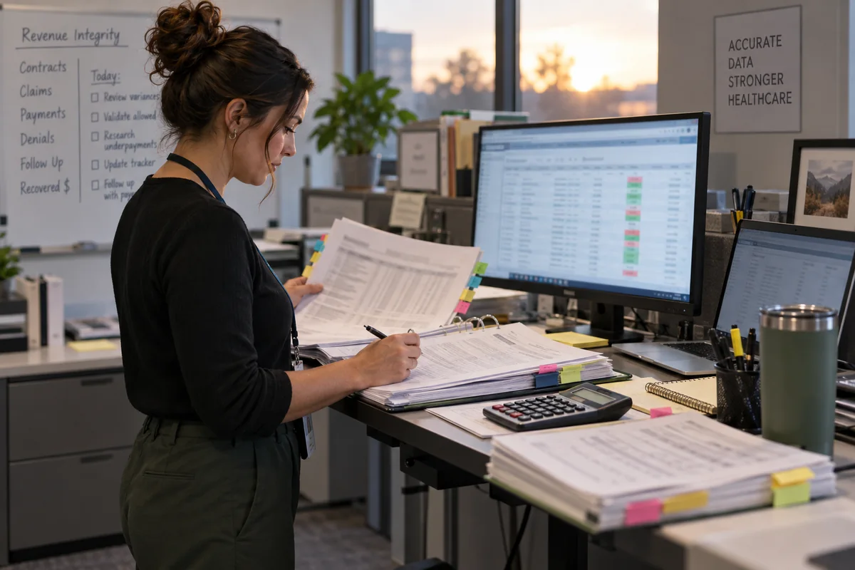 Revenue cycle analyst comparing a payer payment with contract terms