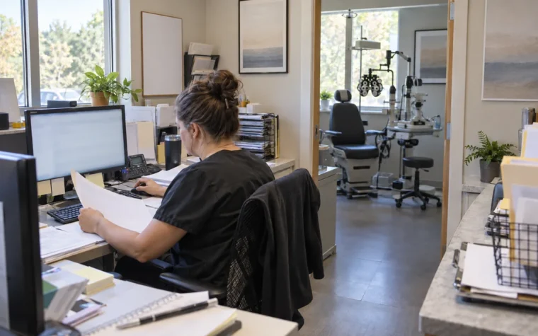 Ophthalmology billing coordinator reviewing testing and procedure charges