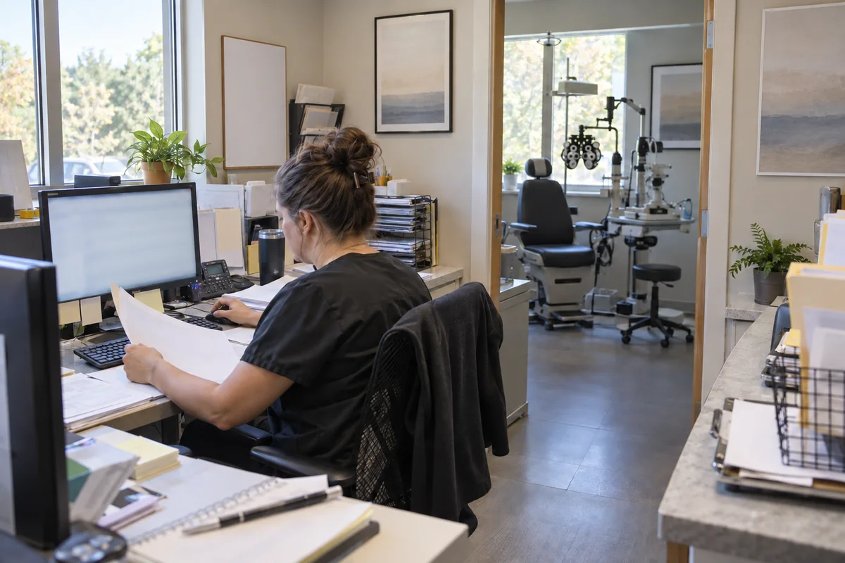 Ophthalmology billing coordinator reviewing testing and procedure charges