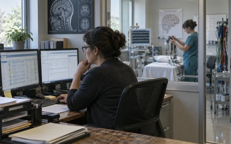 Neurology office billing coordinator reviewing a de-identified claim workflow