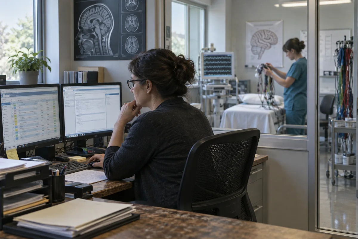 Neurology office billing coordinator reviewing a de-identified claim workflow