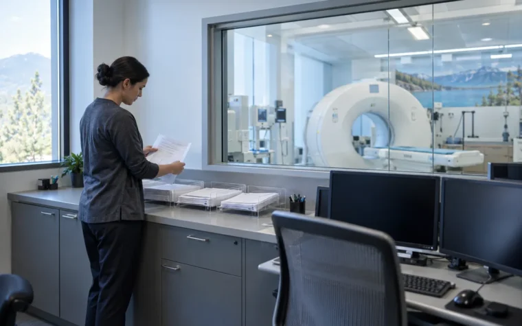 Radiology billing analyst reconciling imaging activity with claim records
