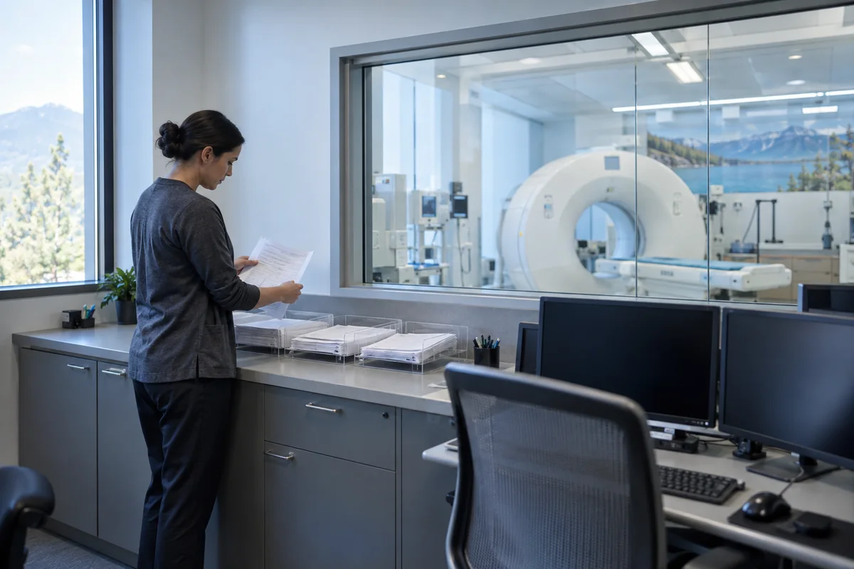 Radiology billing analyst reconciling imaging activity with claim records
