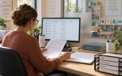 Speech therapy practice administrator reconciling visit records and billing status