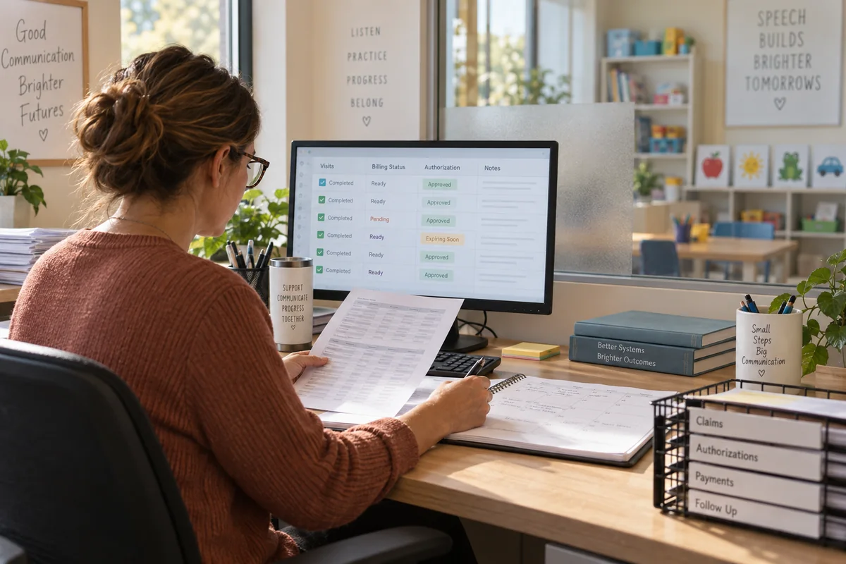 Speech therapy practice administrator reconciling visit records and billing status