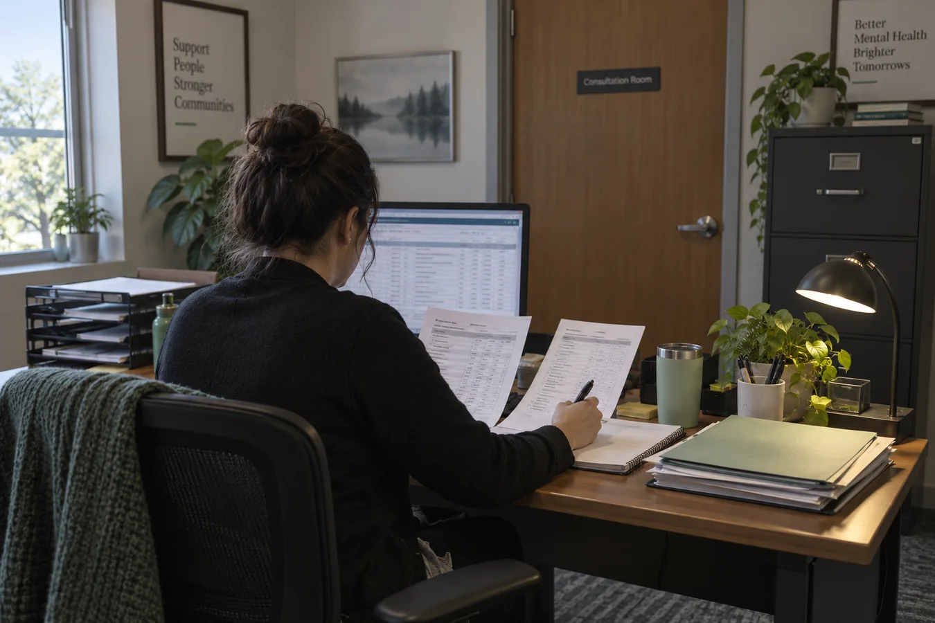 Billing coordinator reviewing de-identified visit and authorization records in a behavioral health office